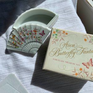 Vintage Avon Butterfly Porcelain Fan Trinket Box